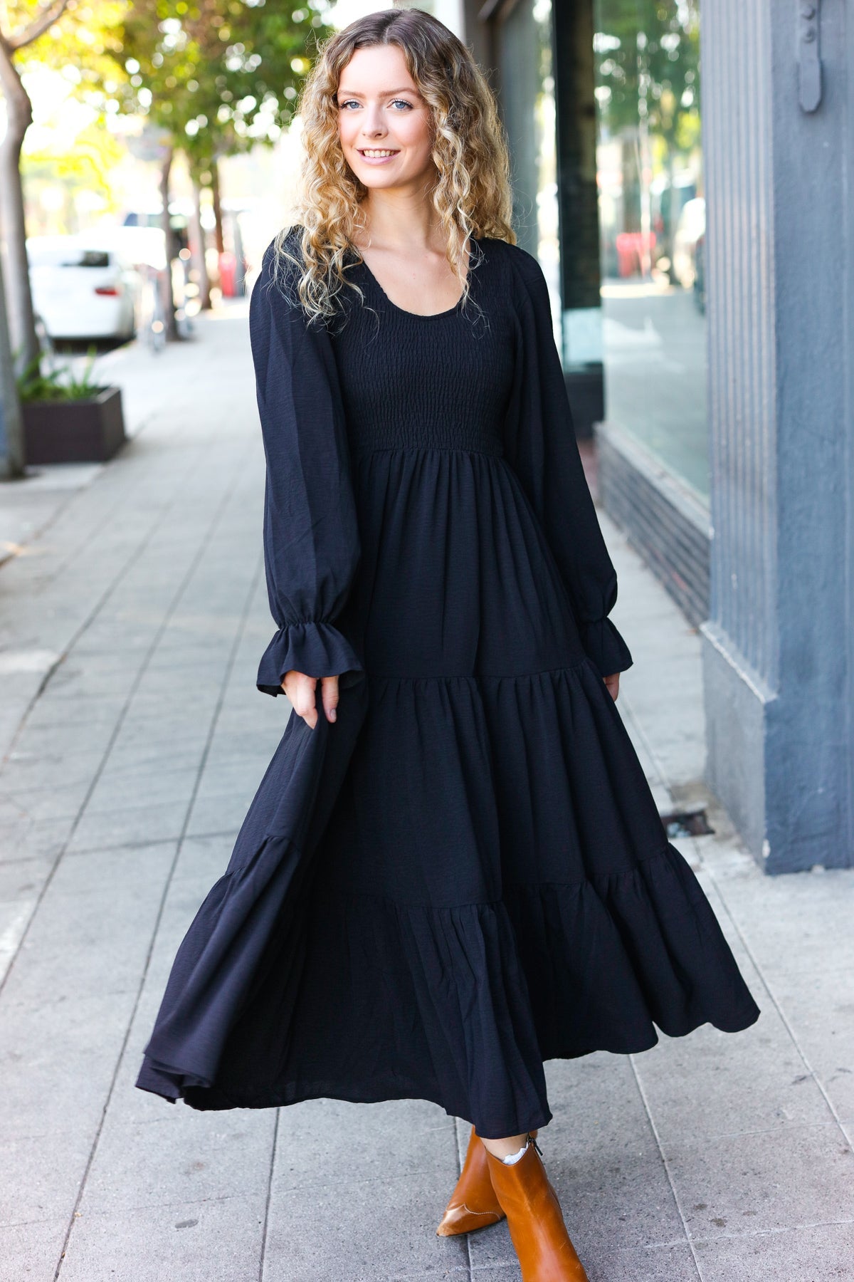 Black Smocked Ruffle Sleeve Maxi Dress