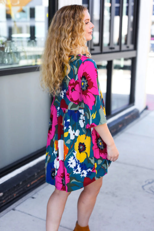 Teal Floral V Neck Babydoll Dress