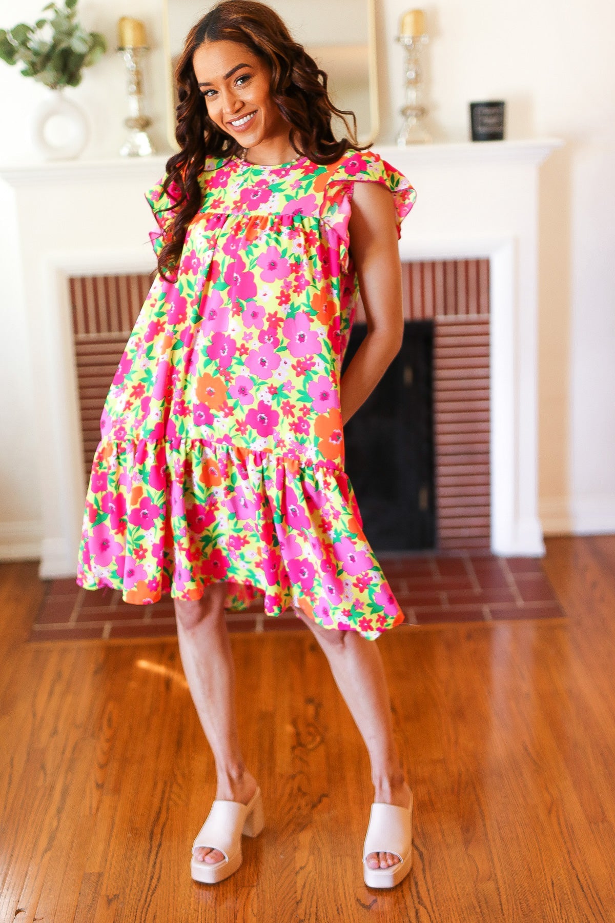 Lime Pink Floral Tiered Ruffle Sleeve Dress