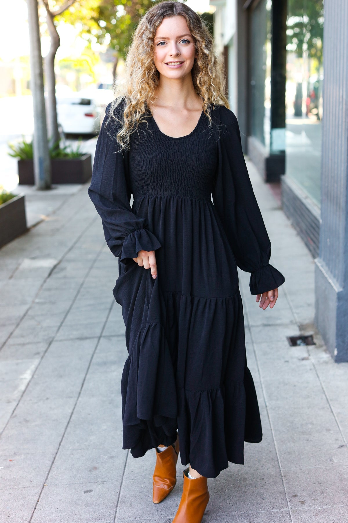 Black Smocked Ruffle Sleeve Maxi Dress