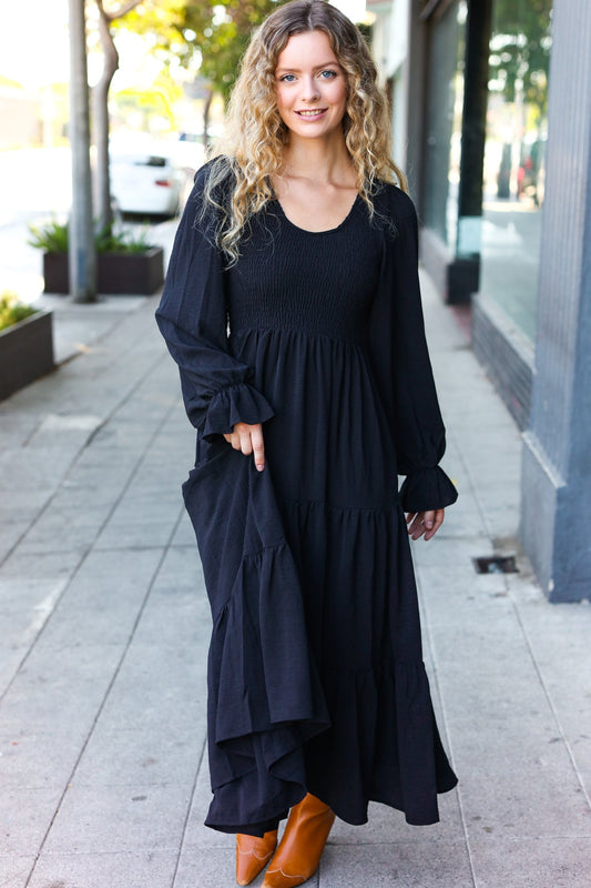 Black Smocked Ruffle Sleeve Maxi Dress