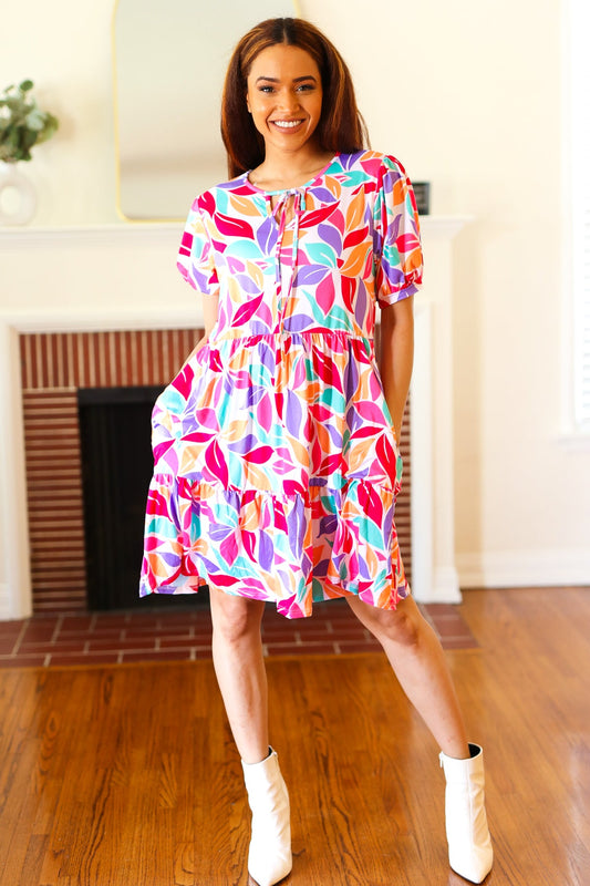 Multicolor Floral Tiered Front Tie Pocketed Dress