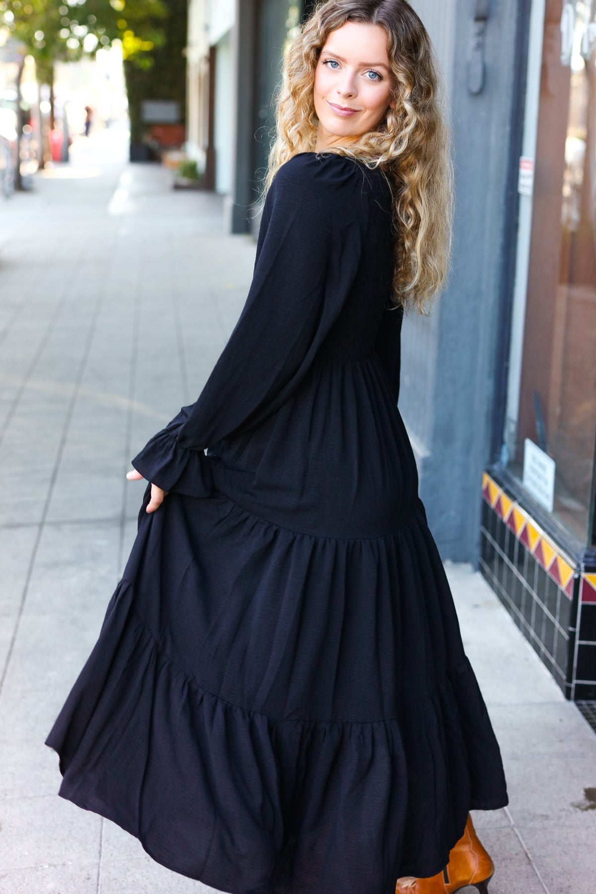 Black Smocked Ruffle Sleeve Maxi Dress