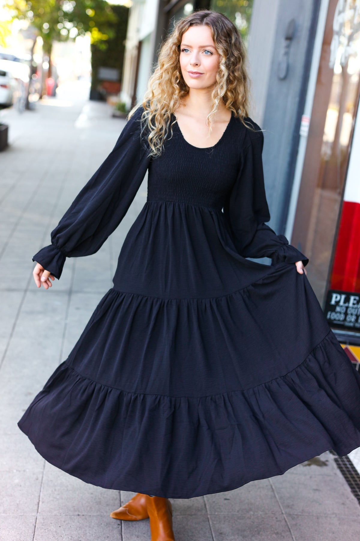 Black Smocked Ruffle Sleeve Maxi Dress