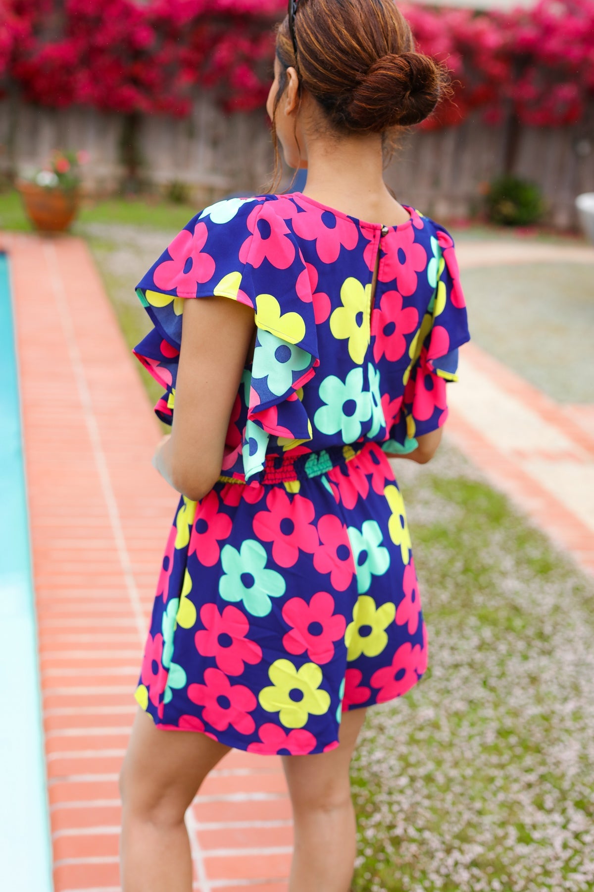 Navy Fuchsia Floral Smocked Waist Flutter Sleeve Romper