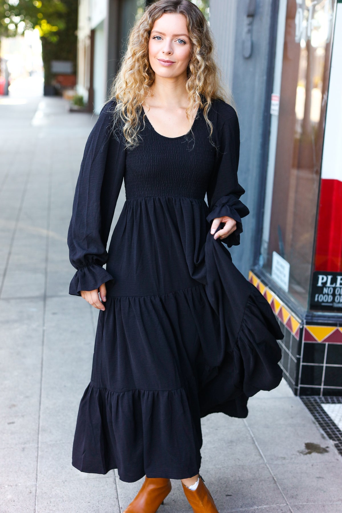 Black Smocked Ruffle Sleeve Maxi Dress