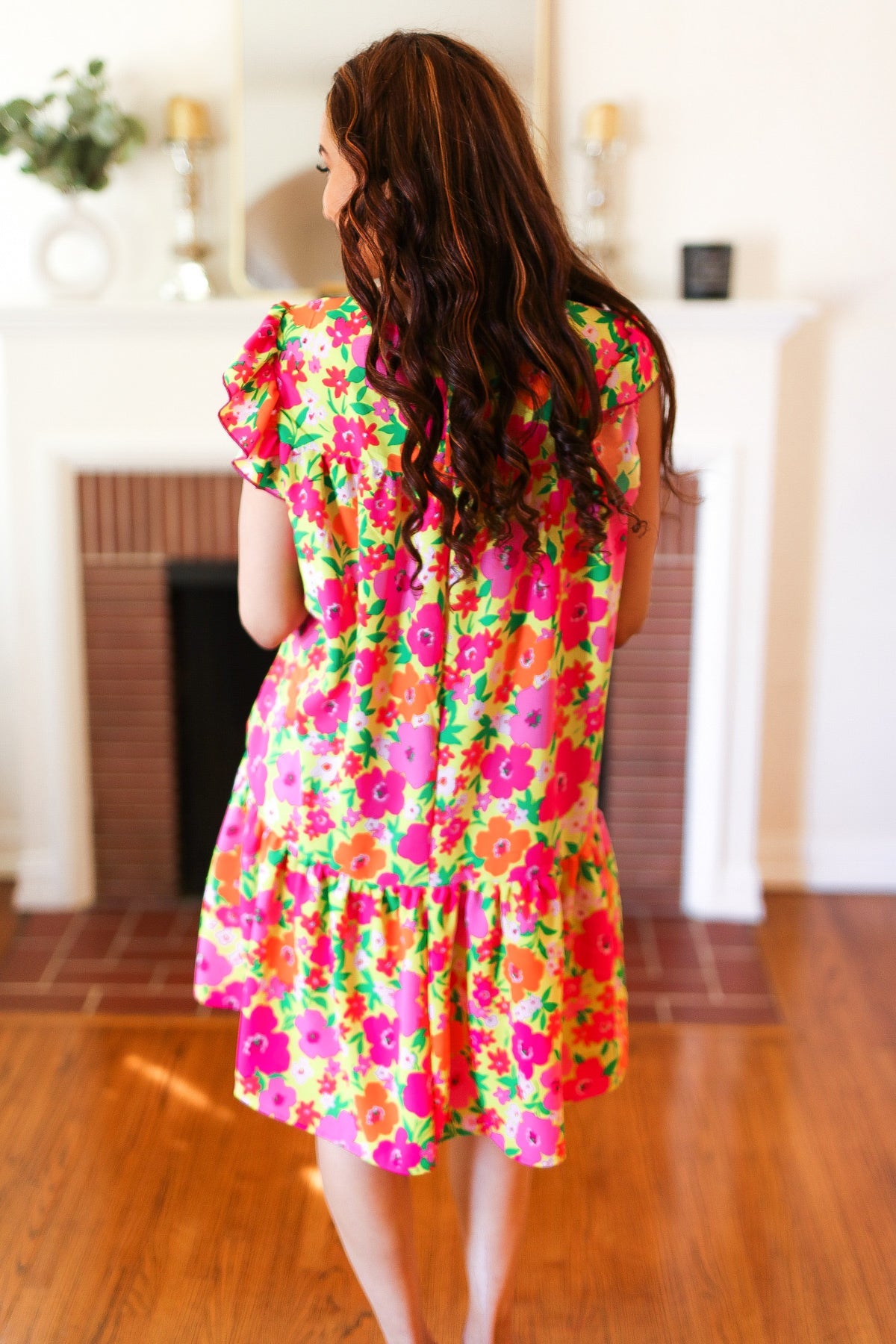 Lime Pink Floral Tiered Ruffle Sleeve Dress Lavender Latte Boutique