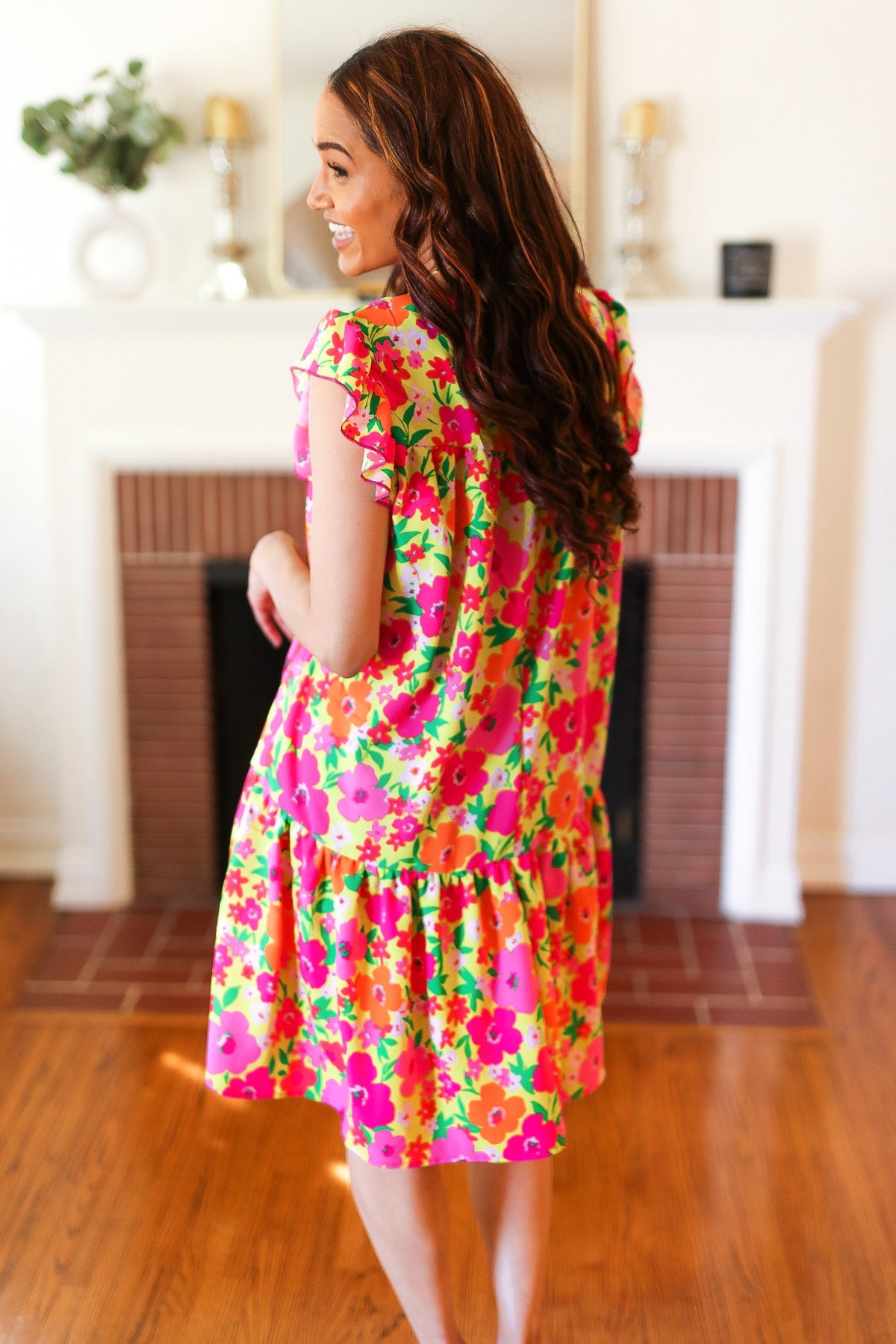 Lime Pink Floral Tiered Ruffle Sleeve Dress