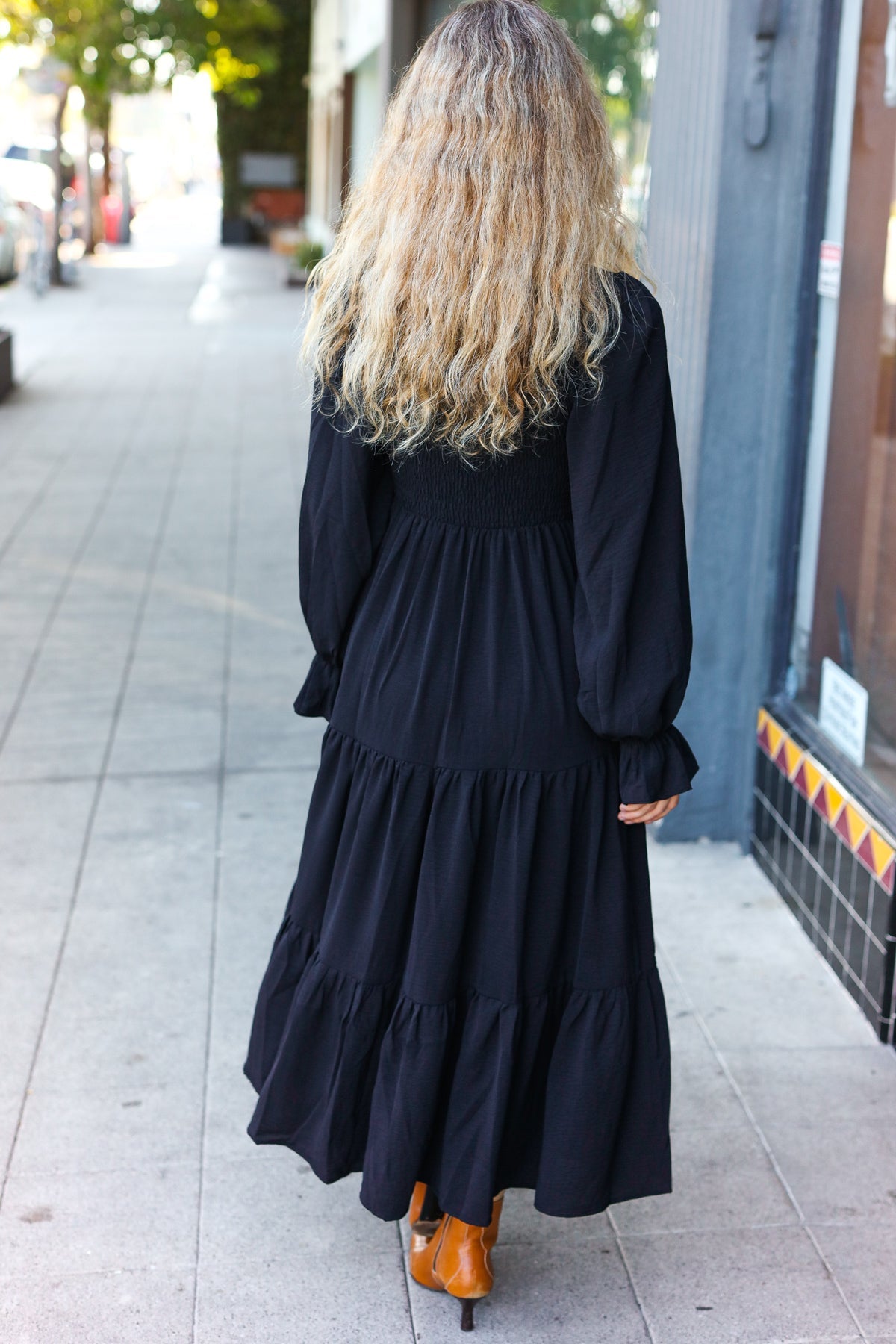 Black Smocked Ruffle Sleeve Maxi Dress