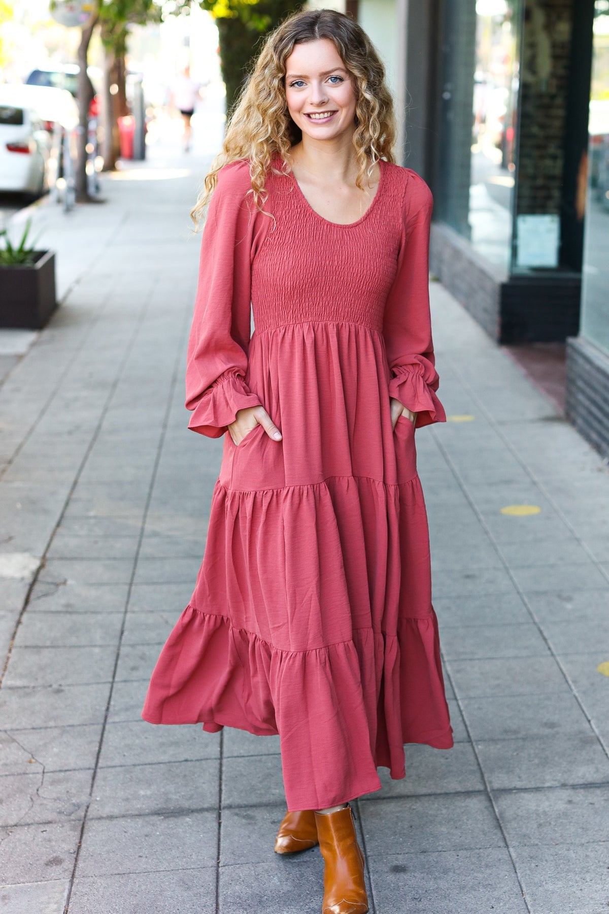 Marsala Smocked Ruffle Sleeve Maxi Dress