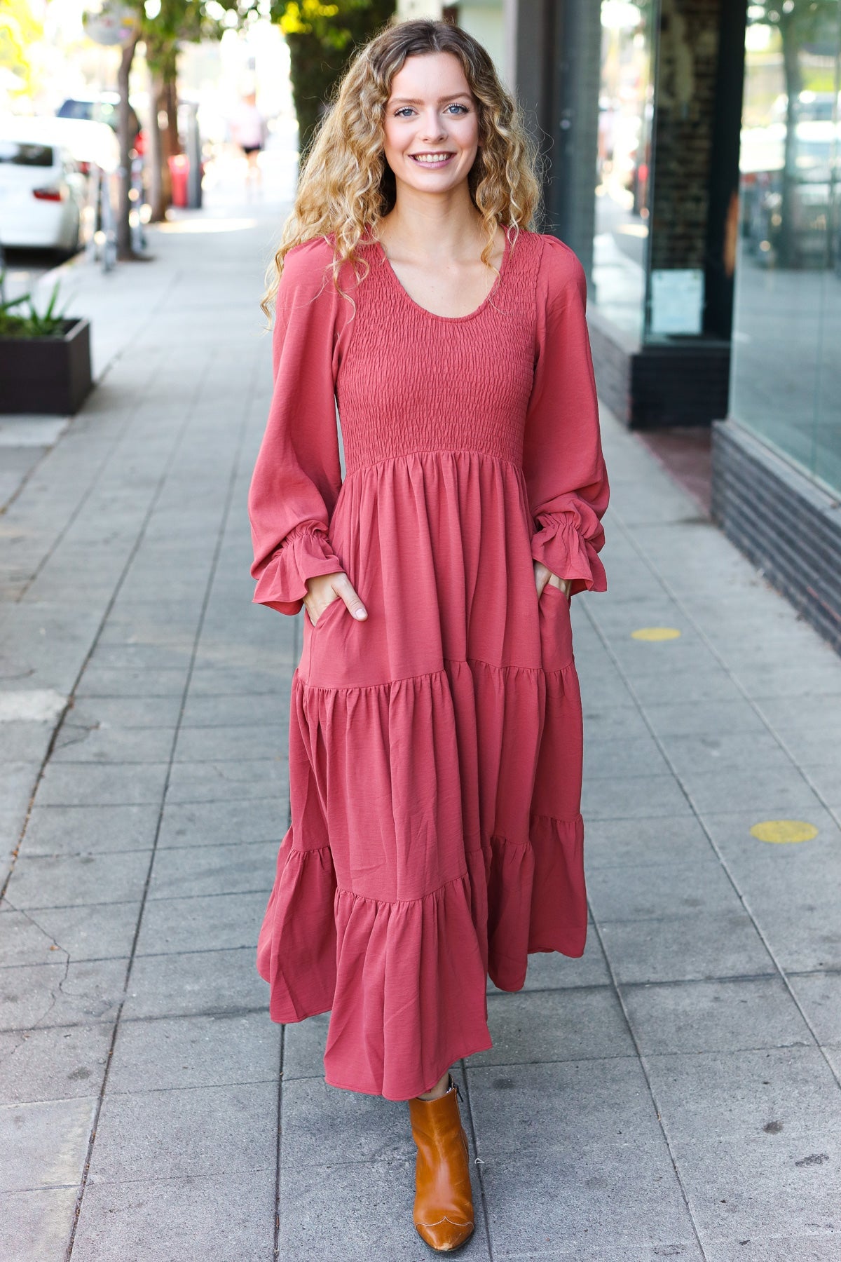 Marsala Smocked Ruffle Sleeve Maxi Dress