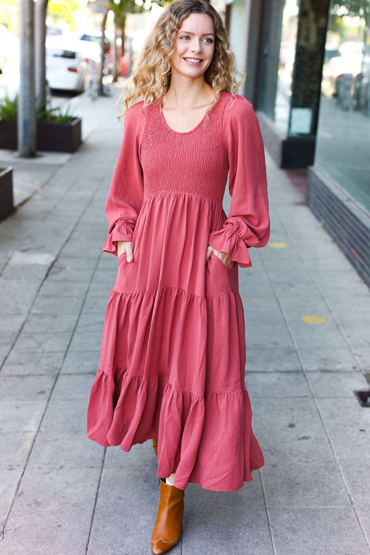 Marsala Smocked Ruffle Sleeve Maxi Dress