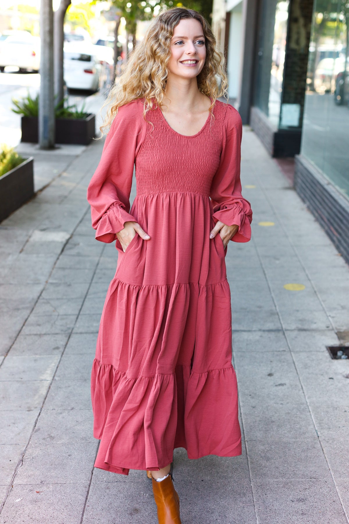 Marsala Smocked Ruffle Sleeve Maxi Dress