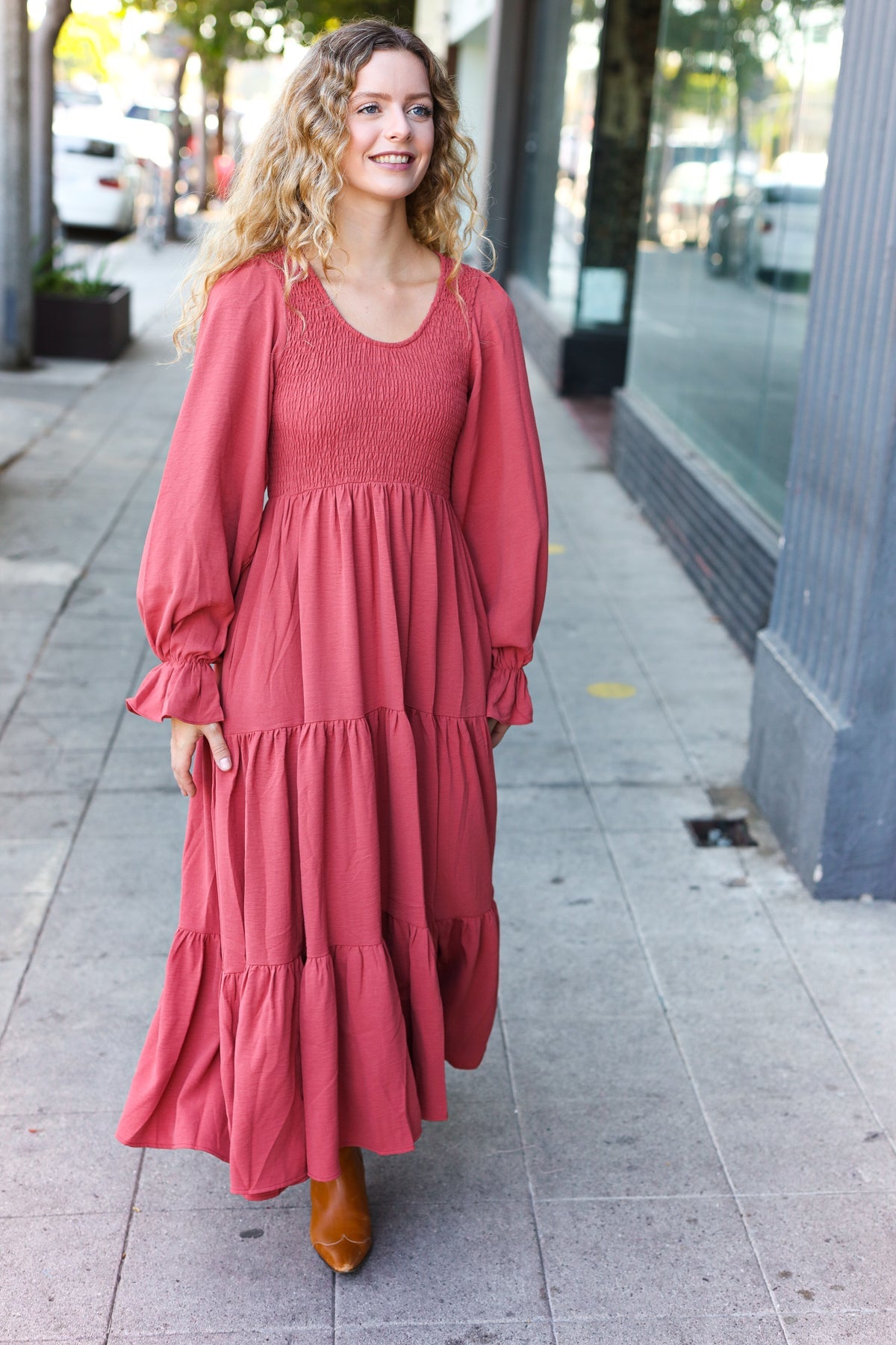 Marsala Smocked Ruffle Sleeve Maxi Dress