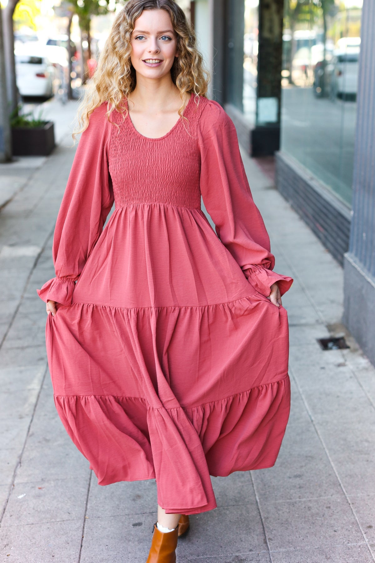 Marsala Smocked Ruffle Sleeve Maxi Dress