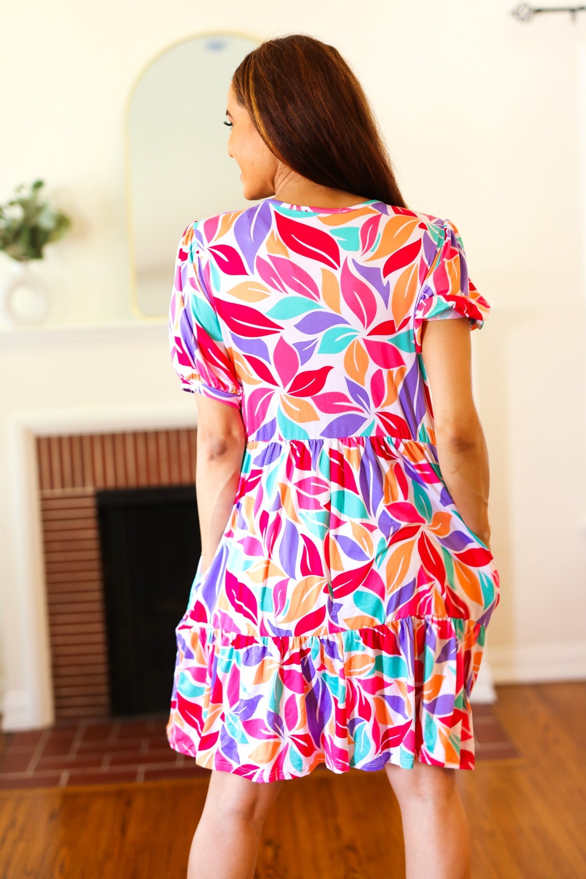 Multicolor Floral Tiered Front Tie Pocketed Dress