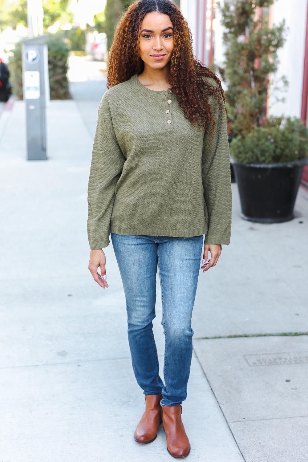 Moss Green Button Down Ribbed Sweater