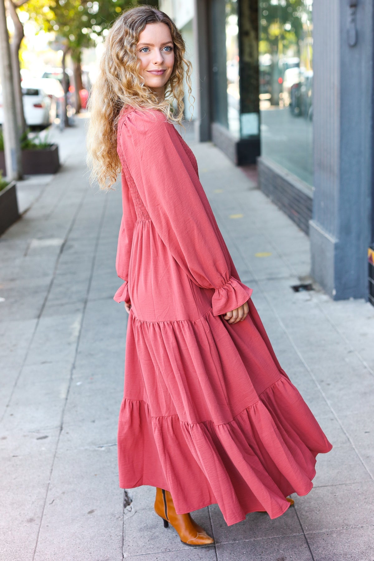 Marsala Smocked Ruffle Sleeve Maxi Dress