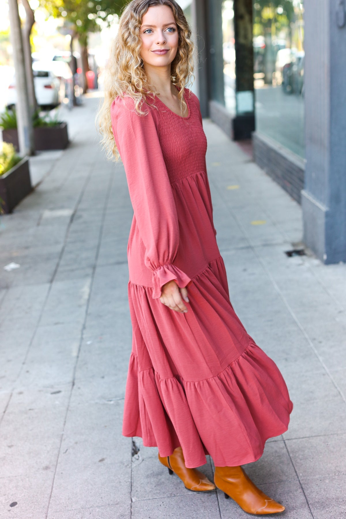 Marsala Smocked Ruffle Sleeve Maxi Dress