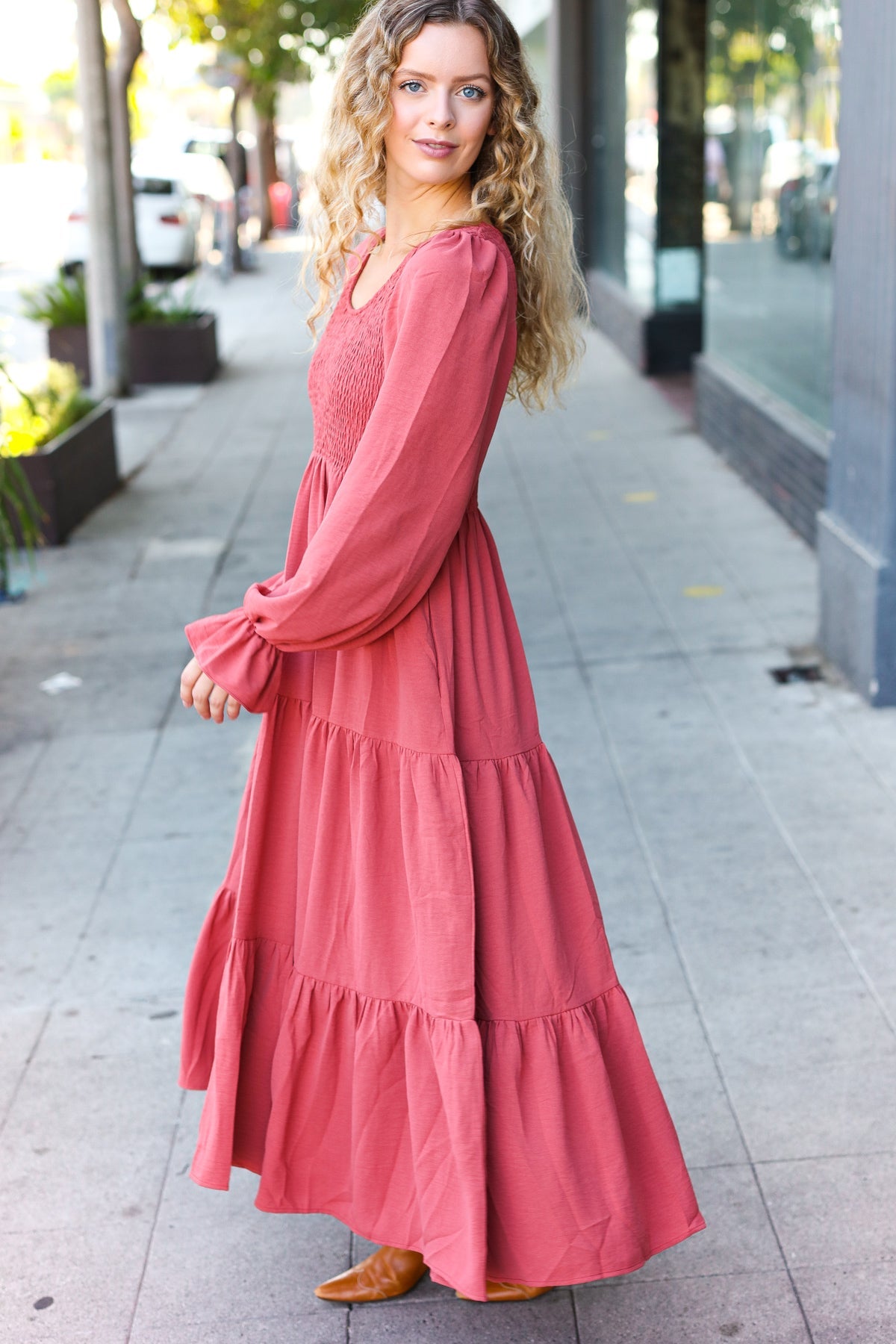 Marsala Smocked Ruffle Sleeve Maxi Dress