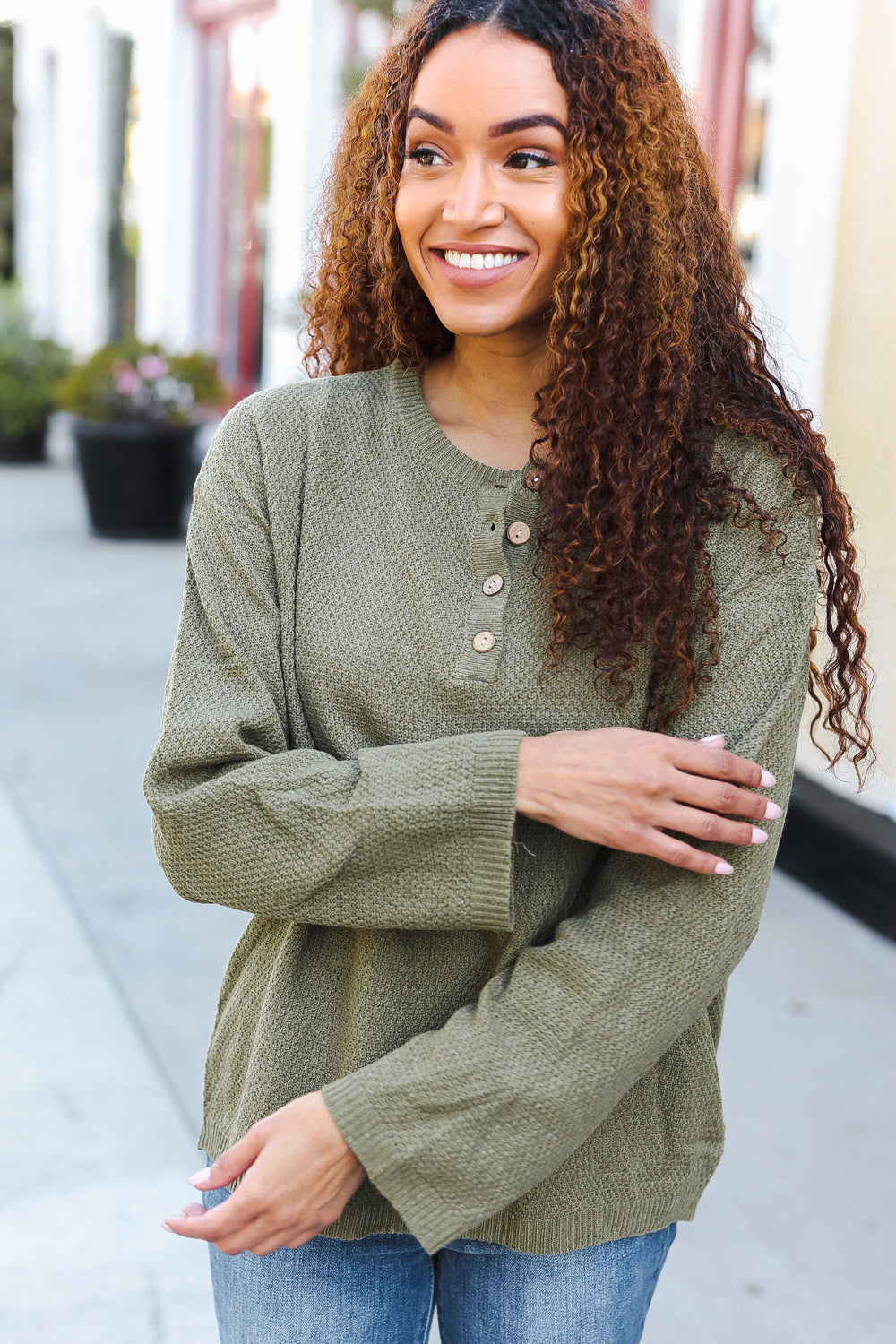 Moss Green Button Down Ribbed Sweater