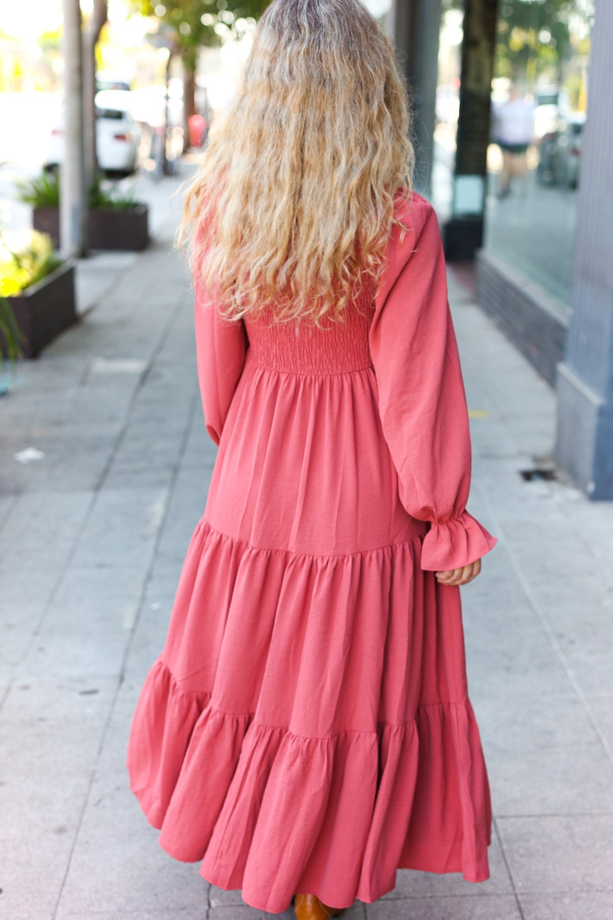 Marsala Smocked Ruffle Sleeve Maxi Dress