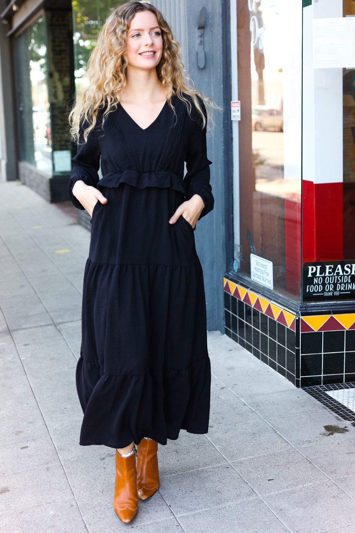 Black Pintuck Detail Frill V Neck Maxi Dress