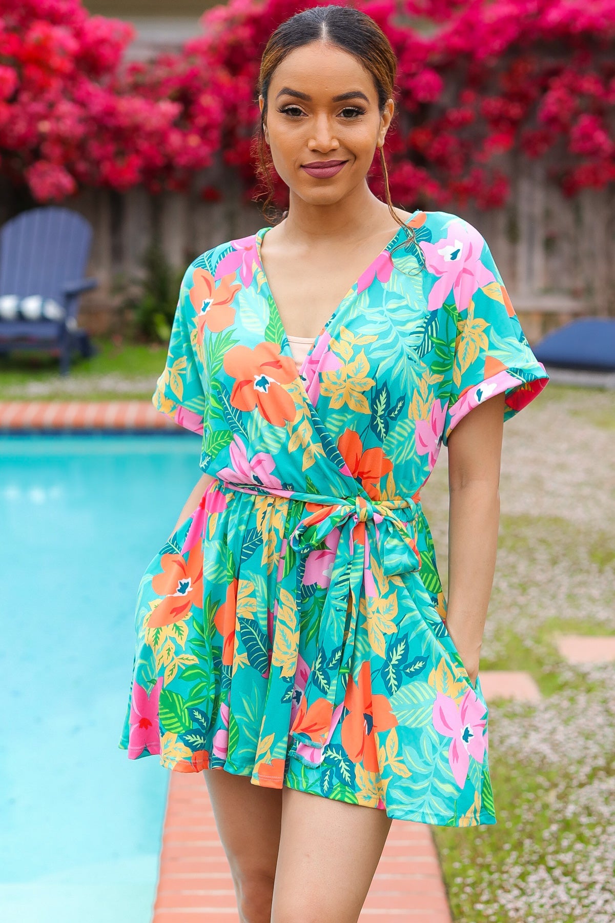 Turquoise Floral Surplice Tie Waist Romper