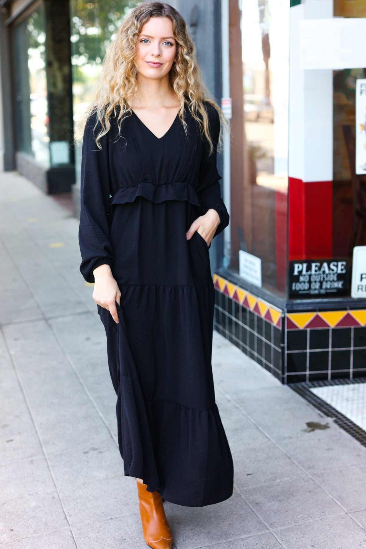 Black Pintuck Detail Frill V Neck Maxi Dress