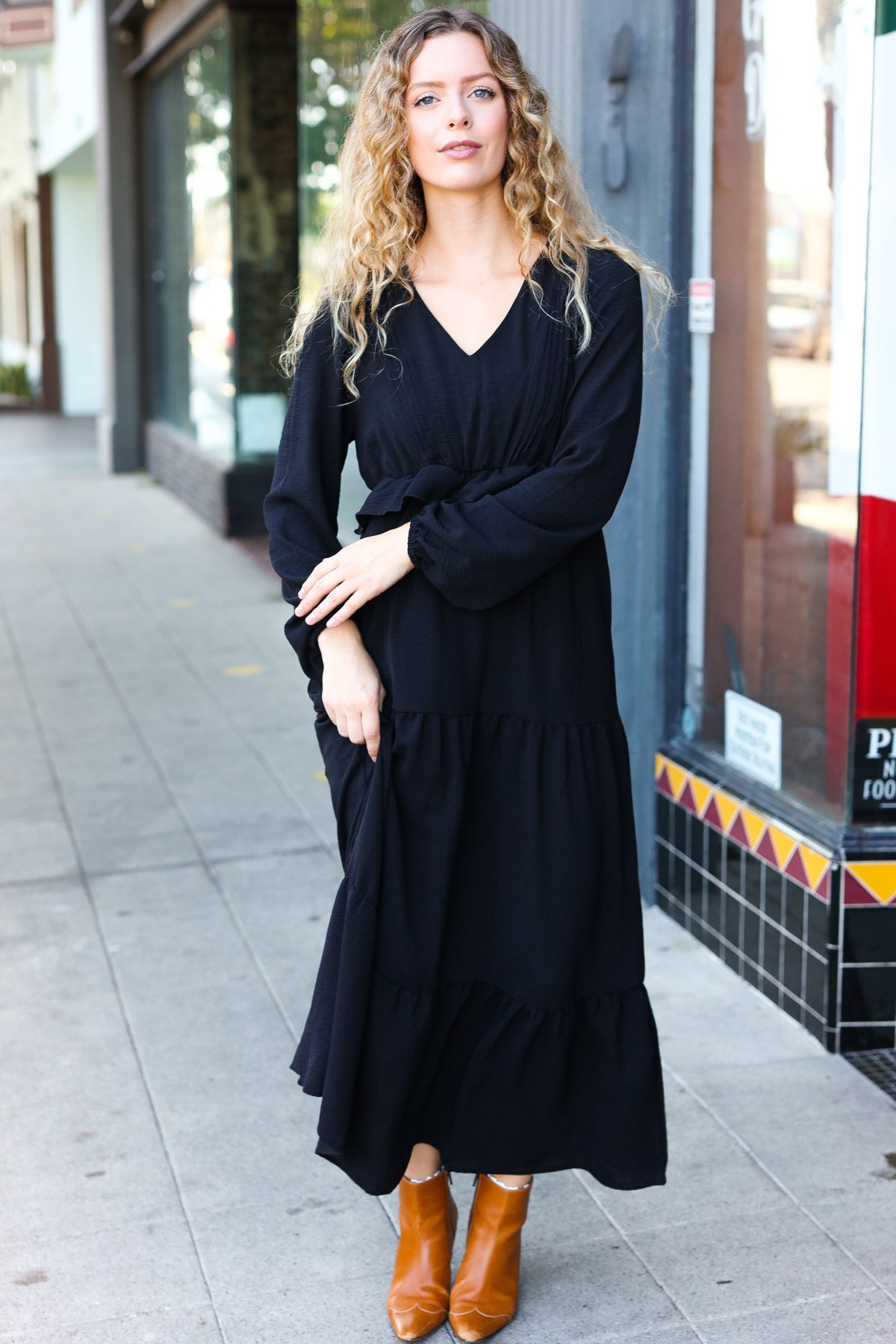 Black Pintuck Detail Frill V Neck Maxi Dress