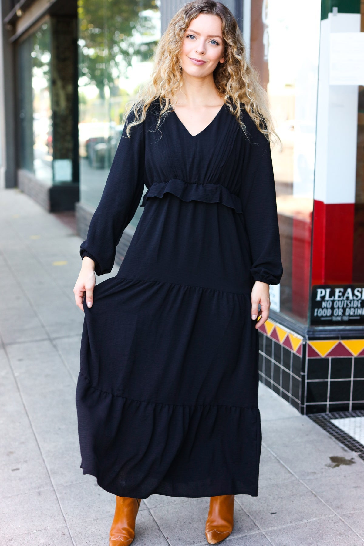 Black Pintuck Detail Frill V Neck Maxi Dress