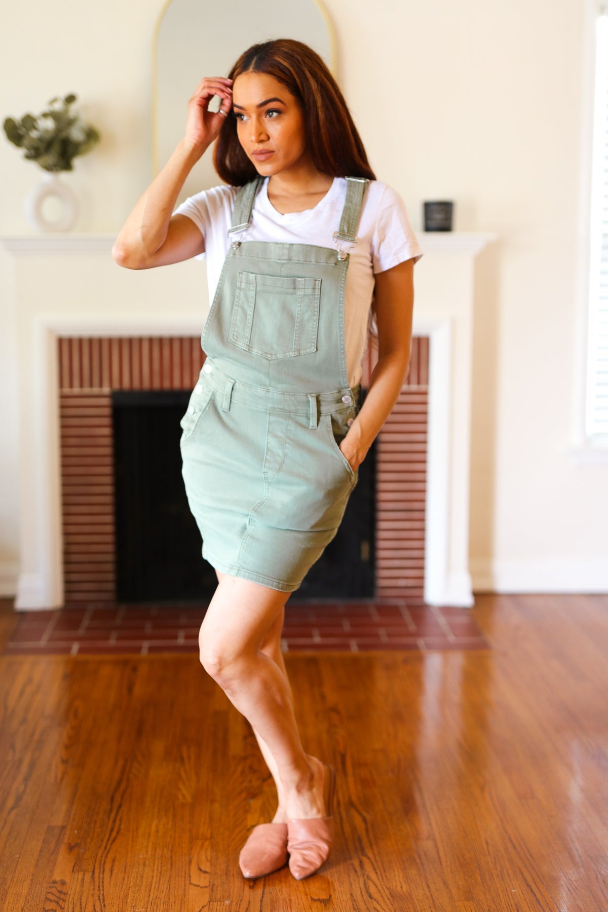 Army Green Garment Dyed Distressed Overall Skirt