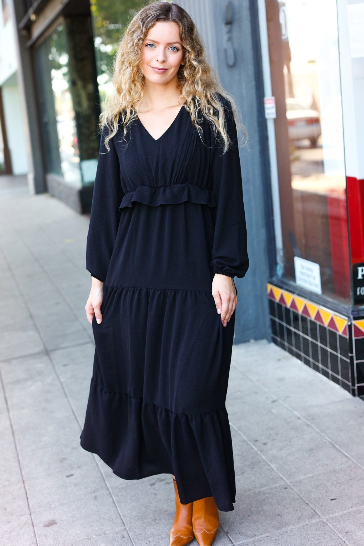 Black Pintuck Detail Frill V Neck Maxi Dress