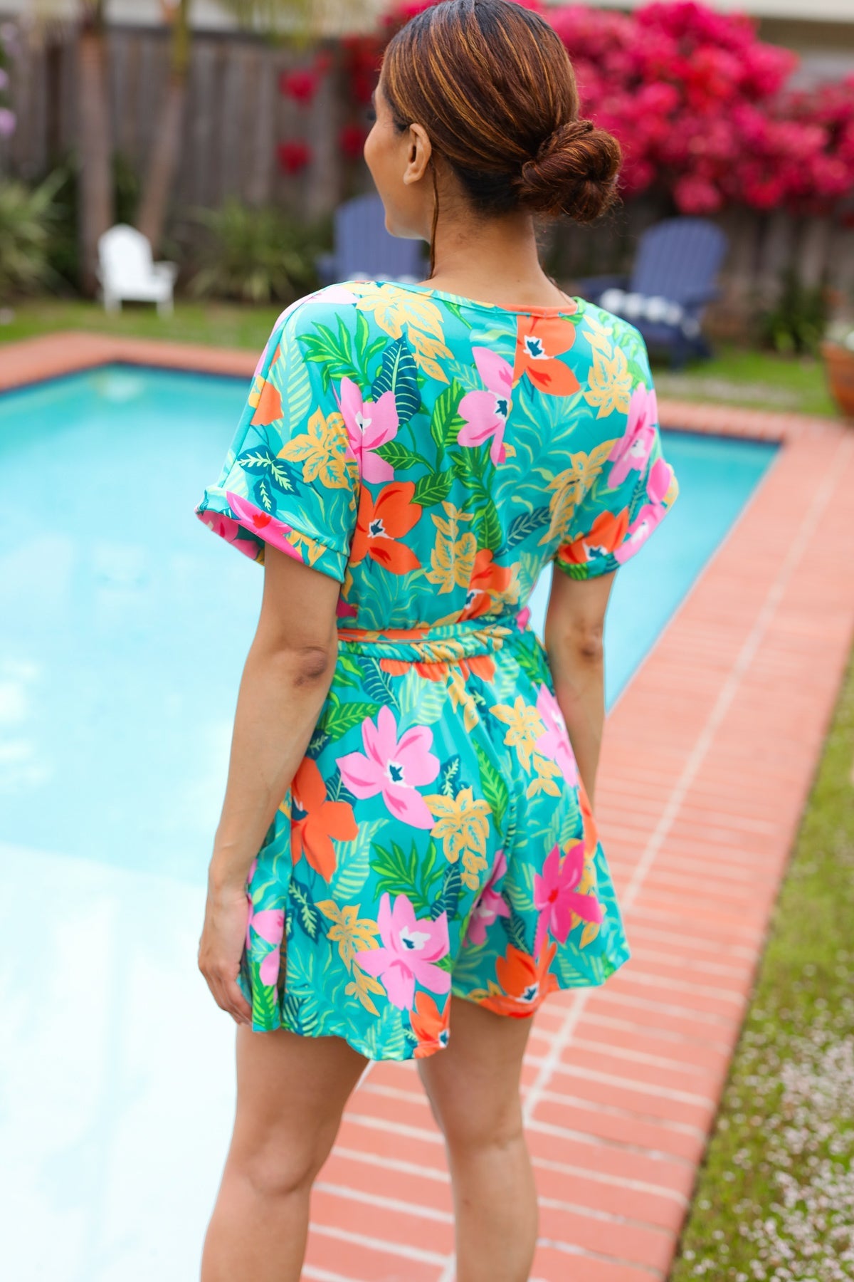 Turquoise Floral Surplice Tie Waist Romper