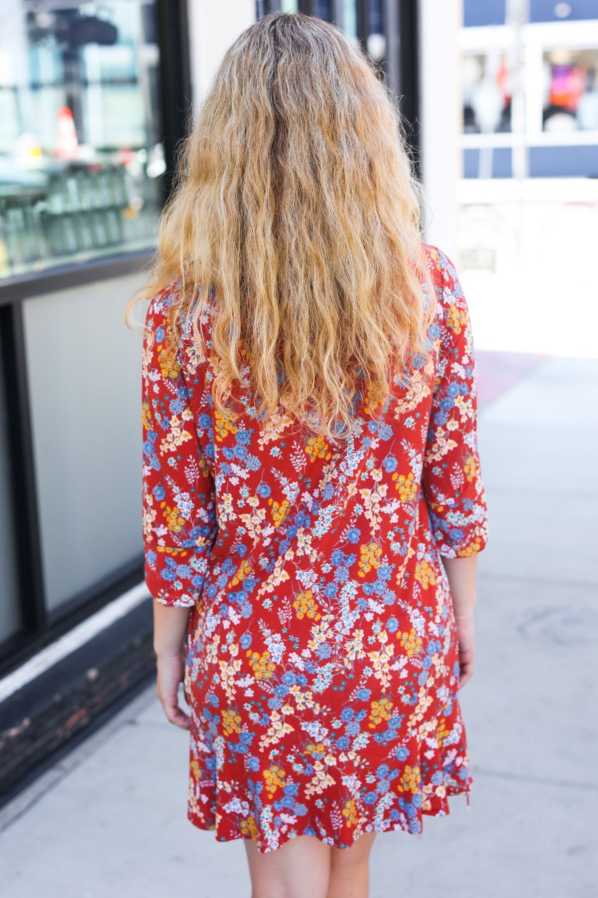 Rust Floral 3/4 Slit Sleeve Ruffle Hem Dress