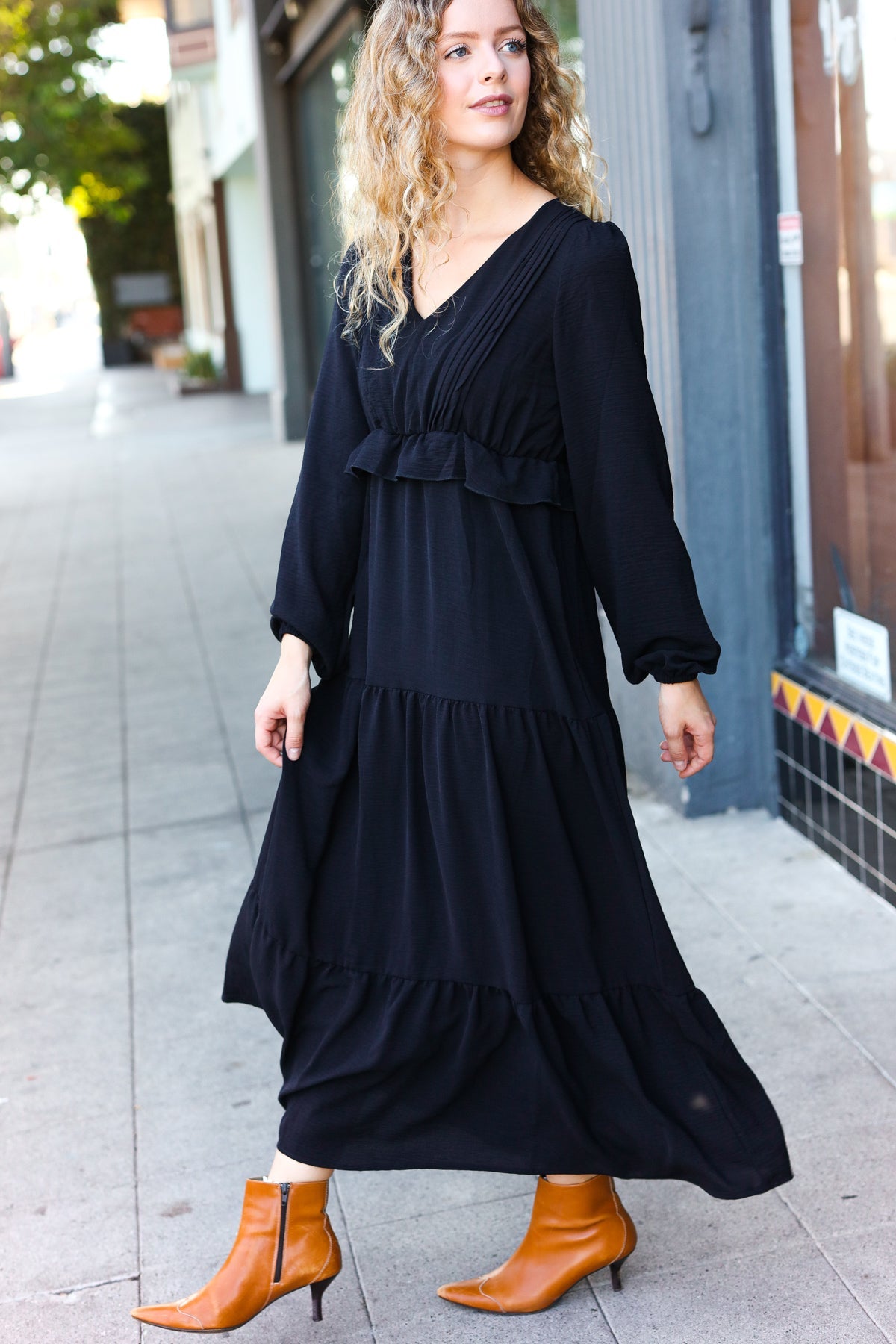 Black Pintuck Detail Frill V Neck Maxi Dress