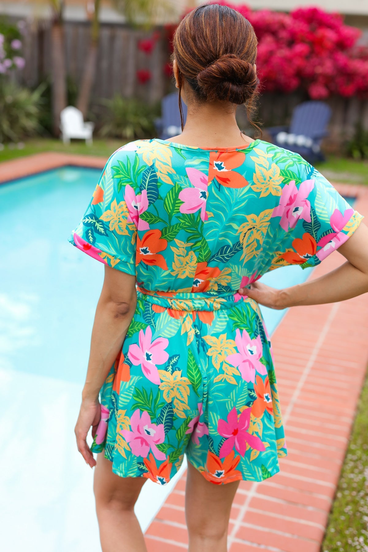 Turquoise Floral Surplice Tie Waist Romper