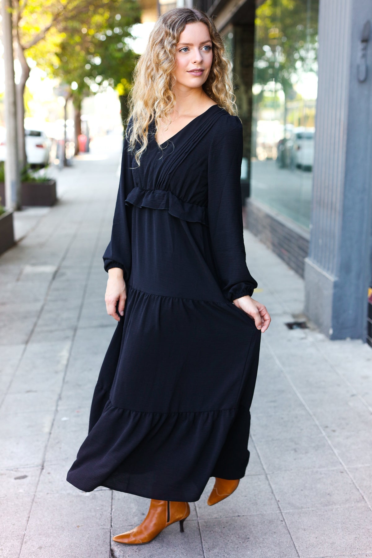 Black Pintuck Detail Frill V Neck Maxi Dress