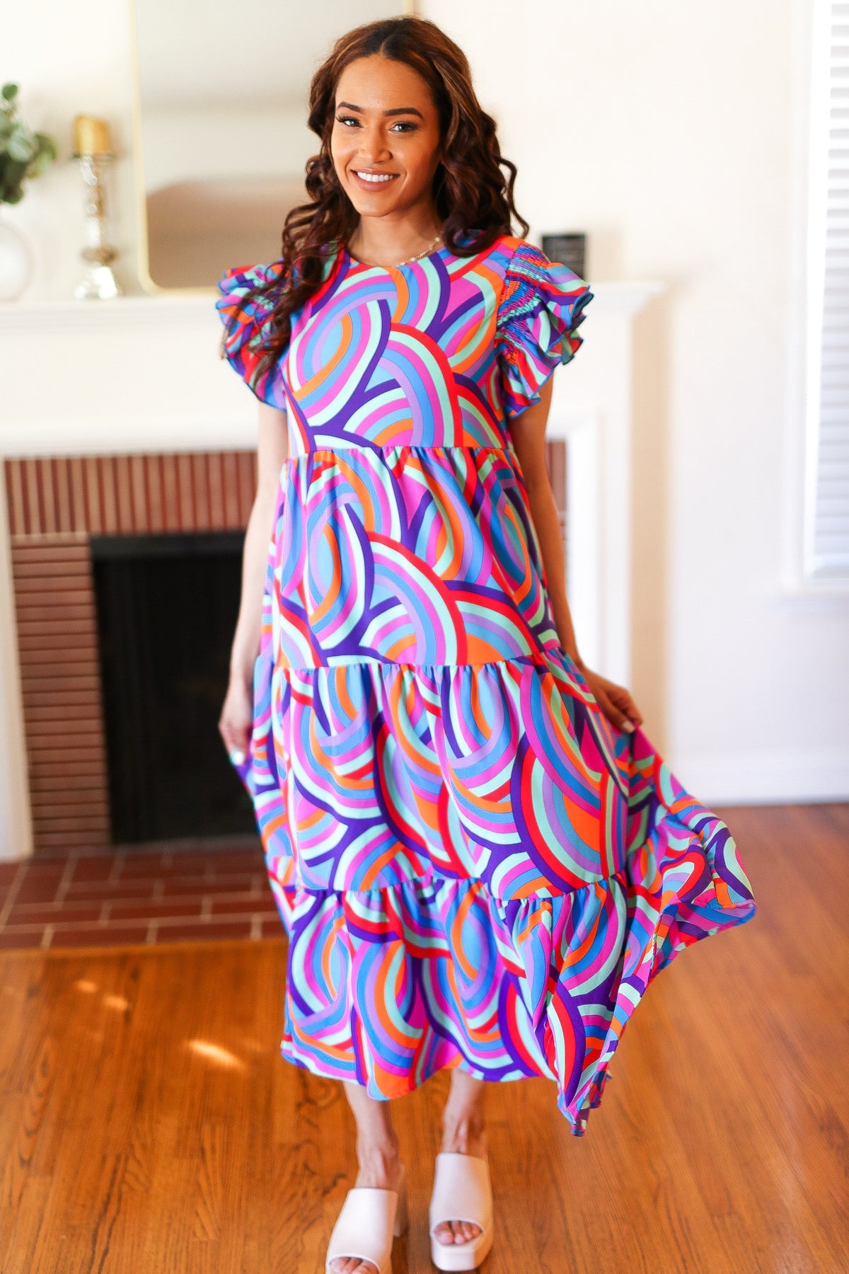 Purple Abstract Print Smocked Ruffle Sleeve Maxi Dress