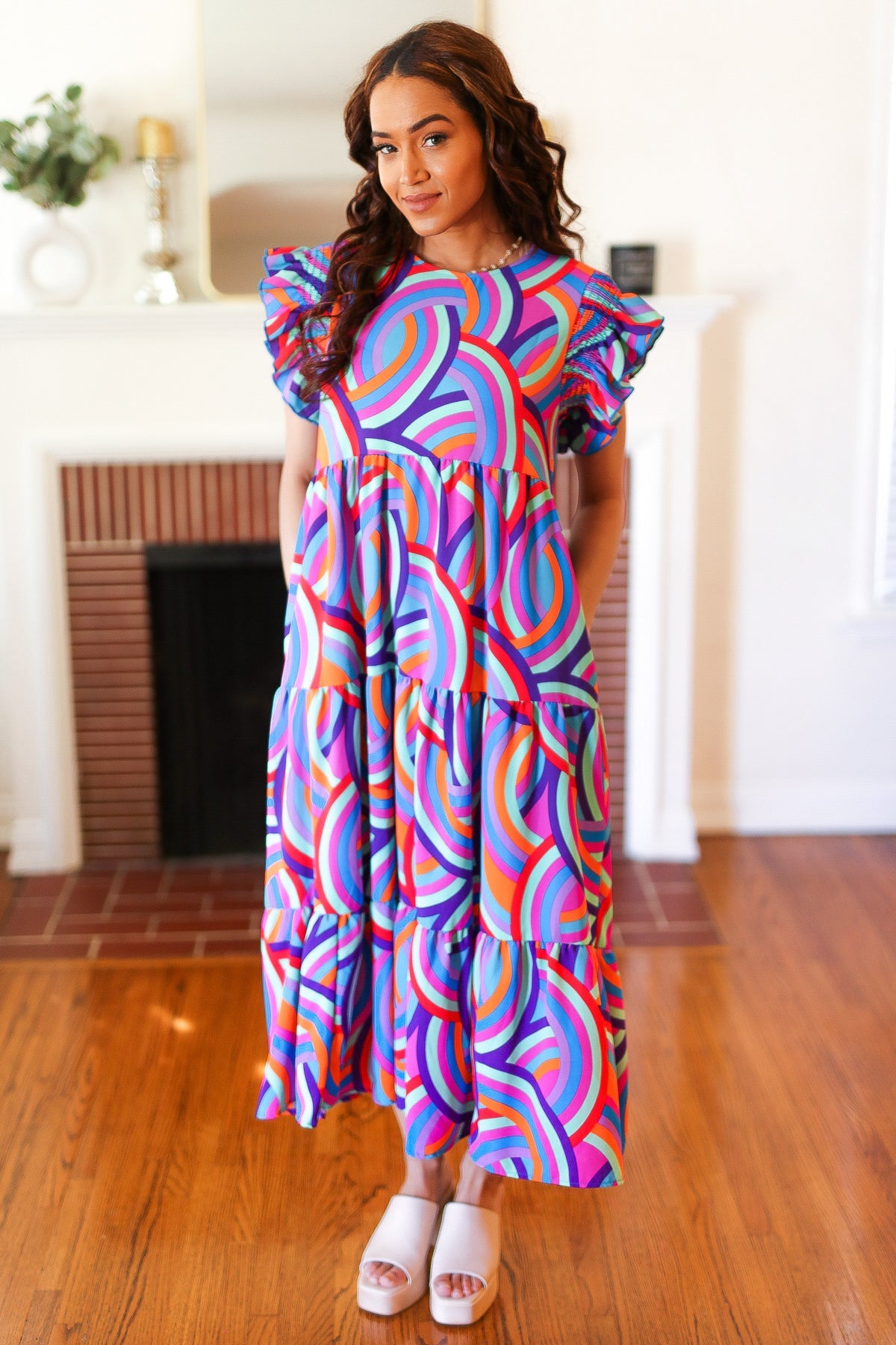 Purple Abstract Print Smocked Ruffle Sleeve Maxi Dress