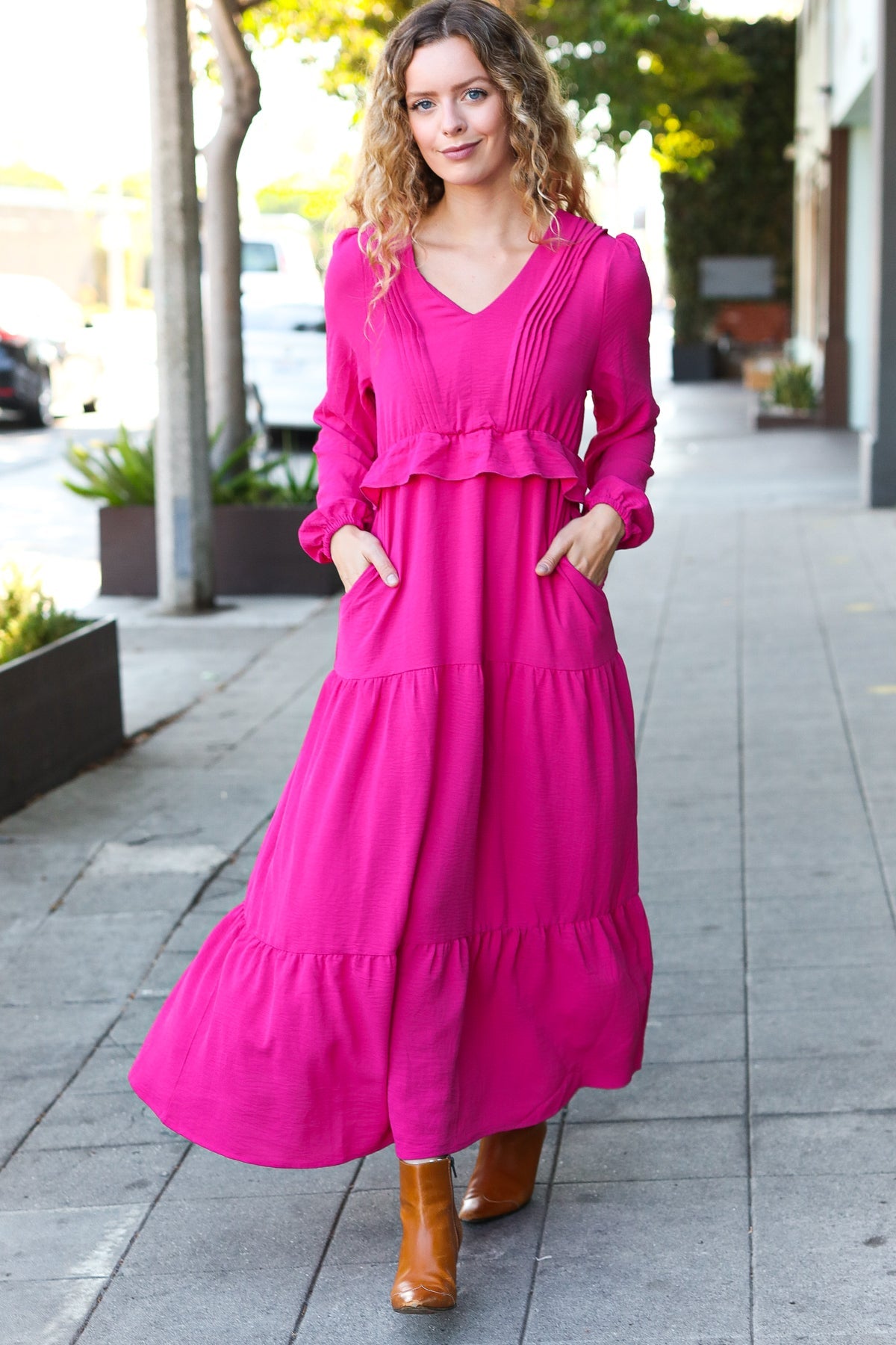 Berry Pintuck Detail Frill V Neck Maxi Dress