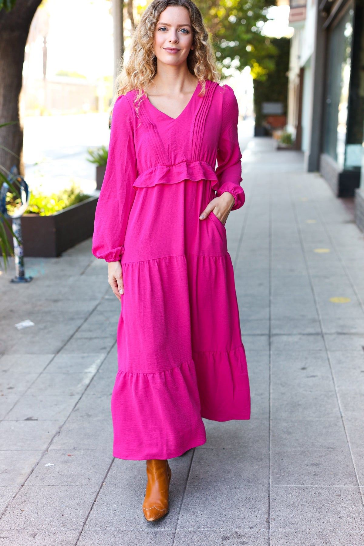 Berry Pintuck Detail Frill V Neck Maxi Dress