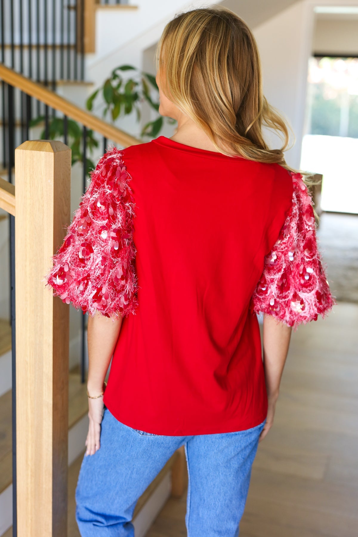 Red Sequin Puff Short Sleeve Top