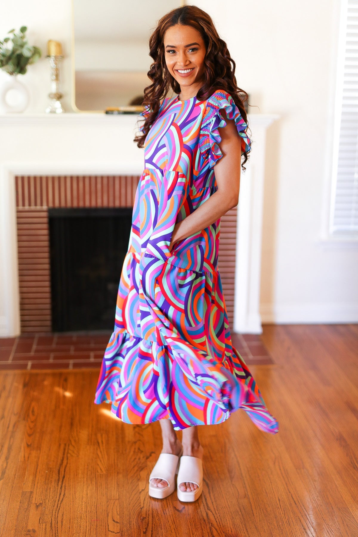 Purple Abstract Print Smocked Ruffle Sleeve Maxi Dress