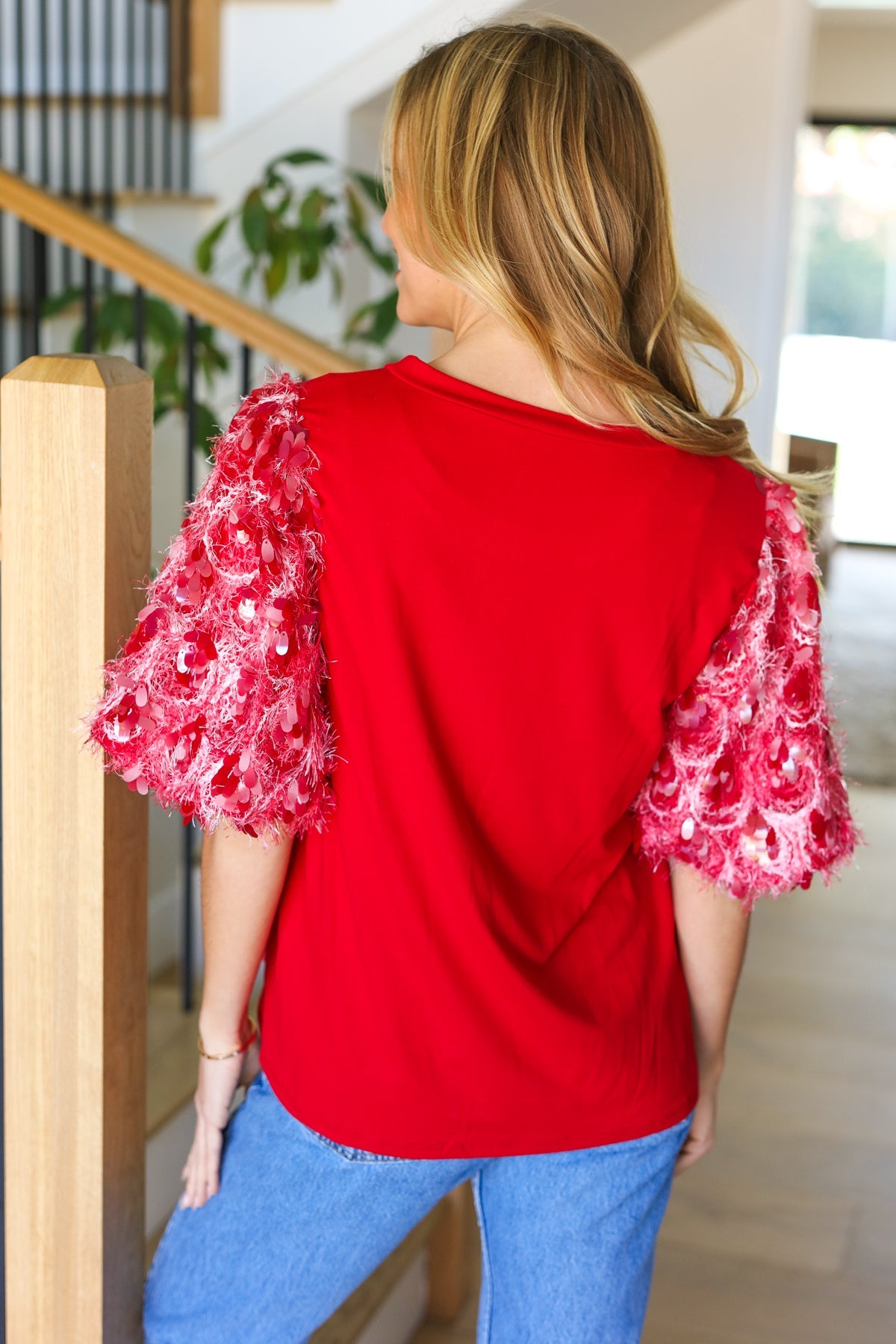 Red Sequin Puff Short Sleeve Top