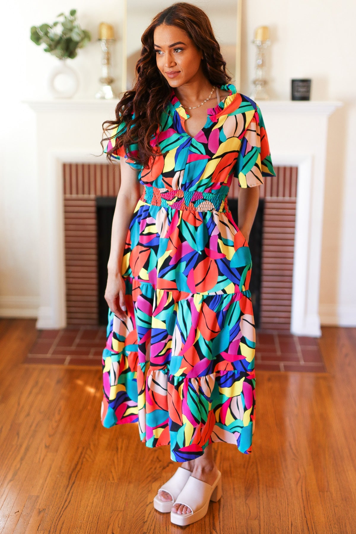 Multicolor Abstract Tropical Print Smocked Waist Maxi Dress