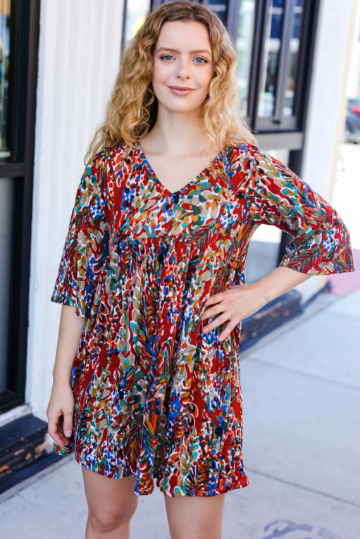 Burgundy Floral V Neck Babydoll Dress