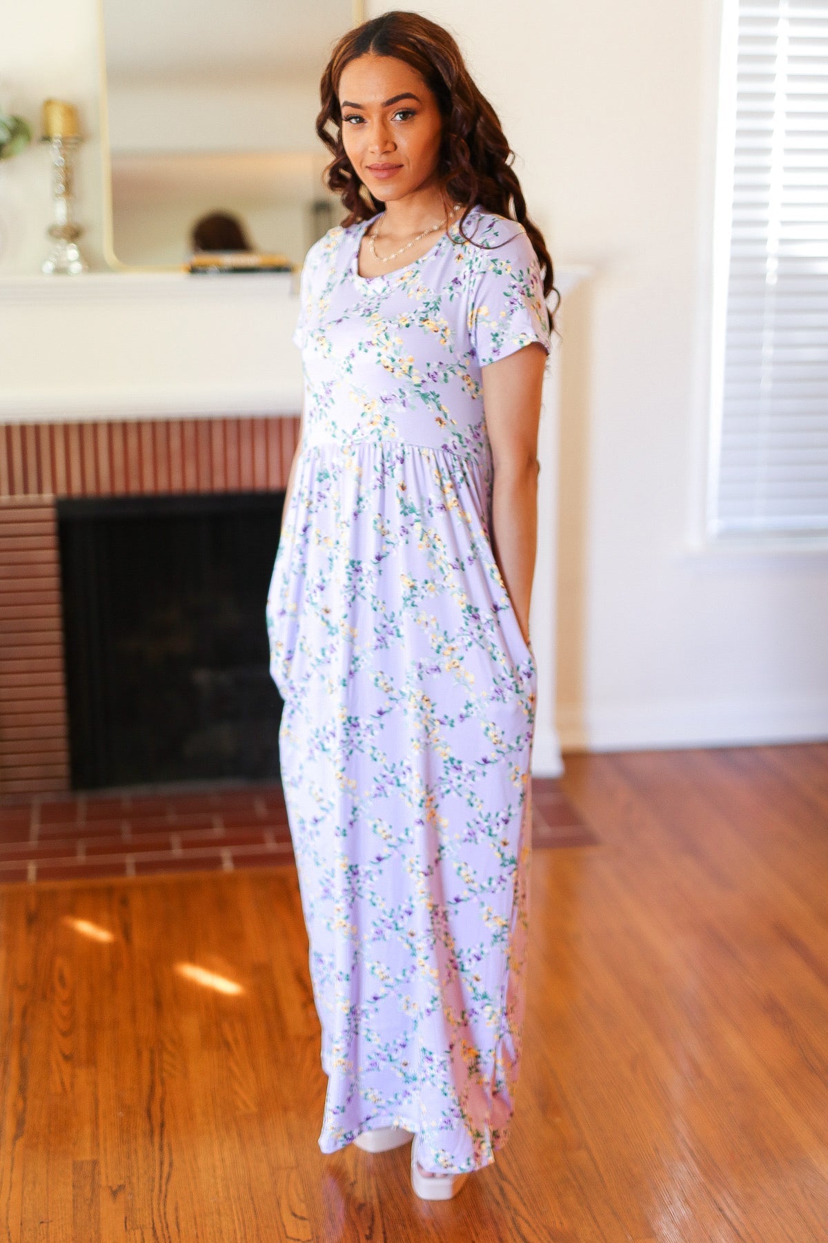 Lilac Floral Print Pocketed Fit & Flare Maxi Dress