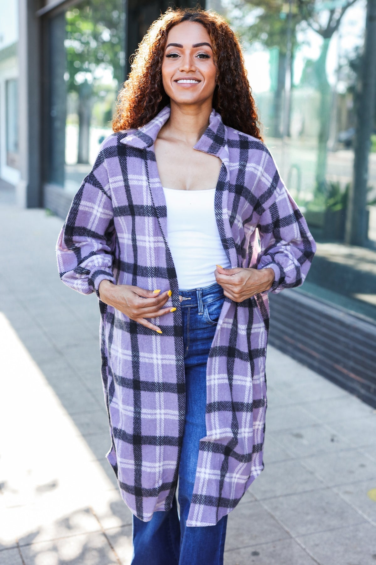 Lavender Plaid Hacci Knit Open Cardigan