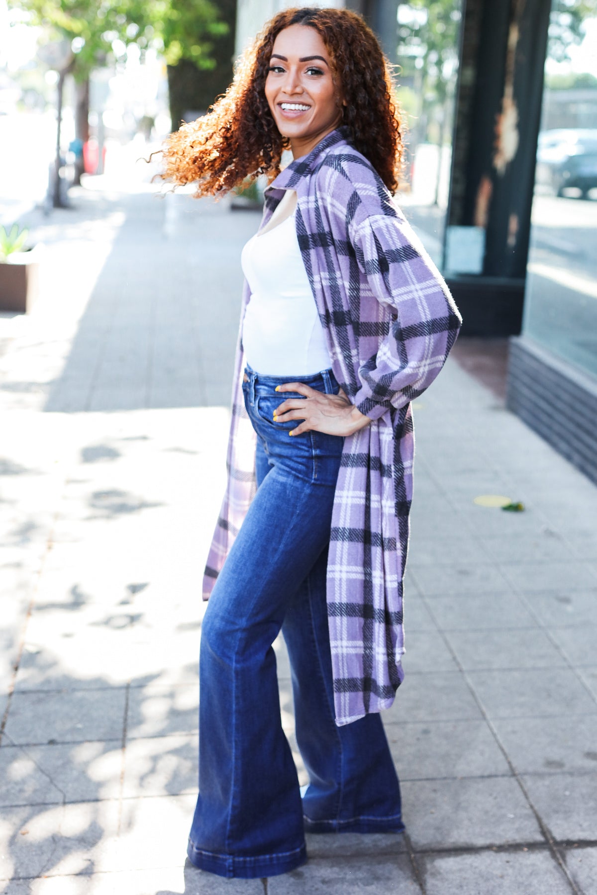 Lavender Plaid Hacci Knit Open Cardigan